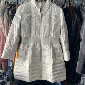 HP Laundry by Shelli Segal Women's OFF White cream Down Fill Puffer trench coat